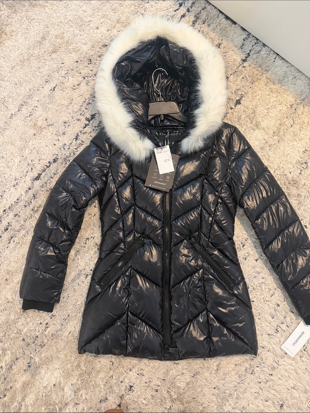 Bernardo Women's Black Quilted Hooded Puffer Coat with Faux-Fur Trim